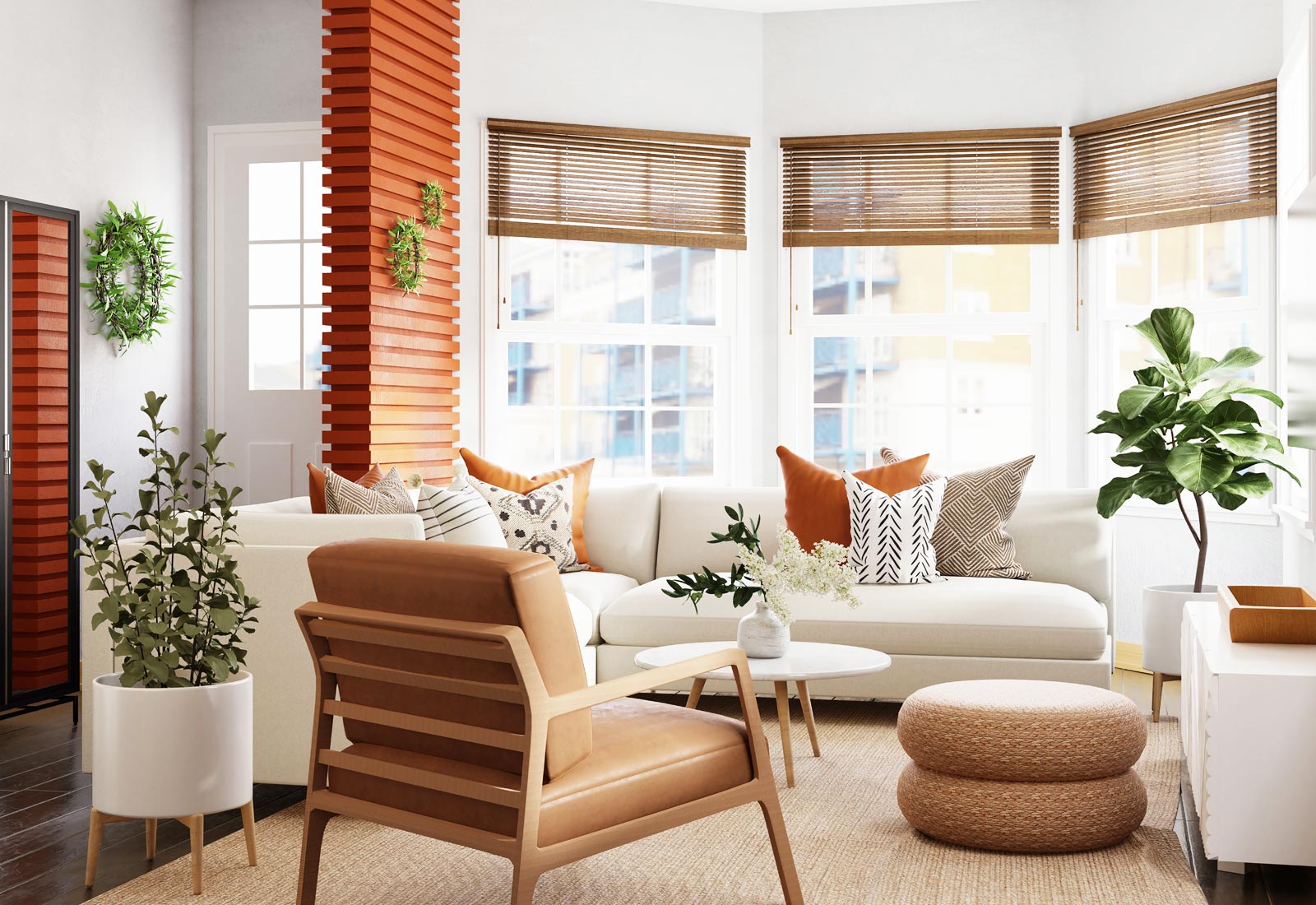 living room with blinds